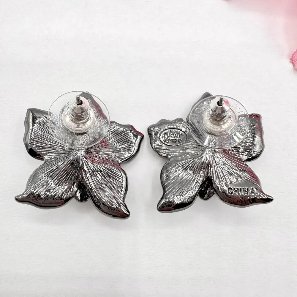 Vintage Joan Rivers Elegance In Bloom Black Pave Orchid Pierced Earrings Signed